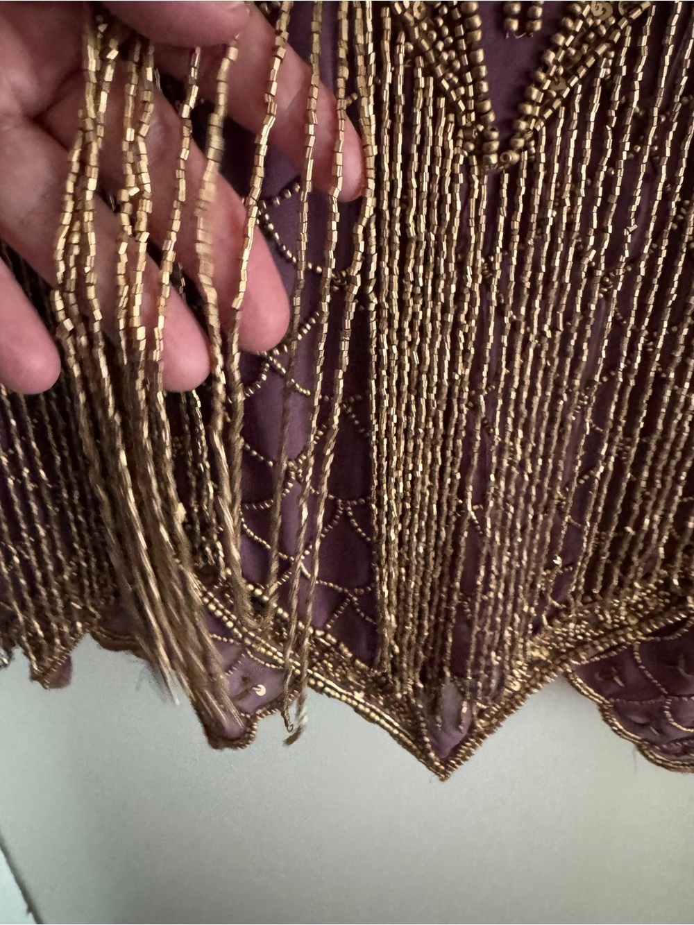 Unique Vintage Plum Dress with Gold Beading & fringe - XL - Picture 3 of 4